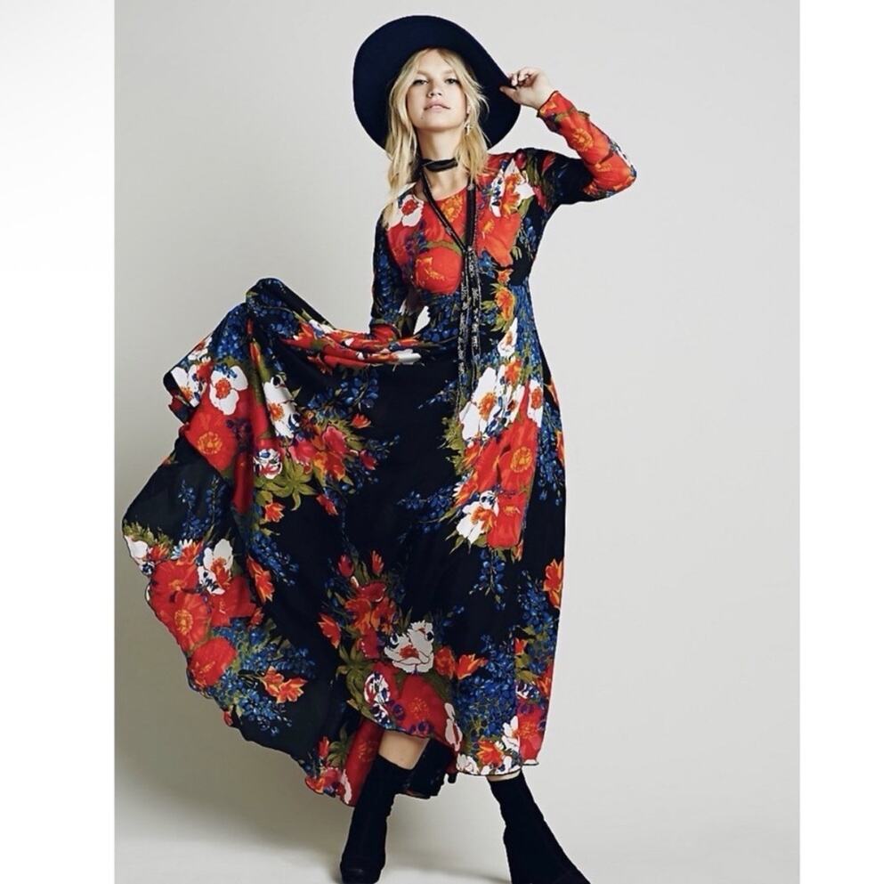 FREE PEOPLE Dress Size XS Black Floral Swing Maxi Boho Romantic Festival Fall